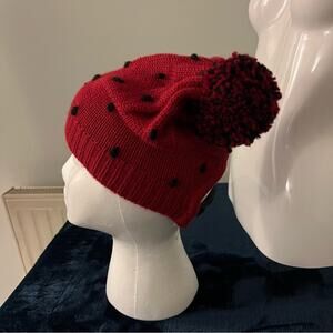 RACHEL COMEY Beanie Hat Deep Red & Black knit Cap Pom Pom Alpaca NWOT